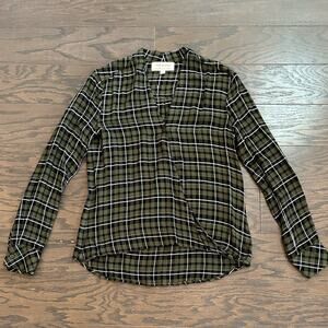 Cloth & Stone Long Sleeve Twist Front Plaid Top Olive Green - Black Size XS NWOT